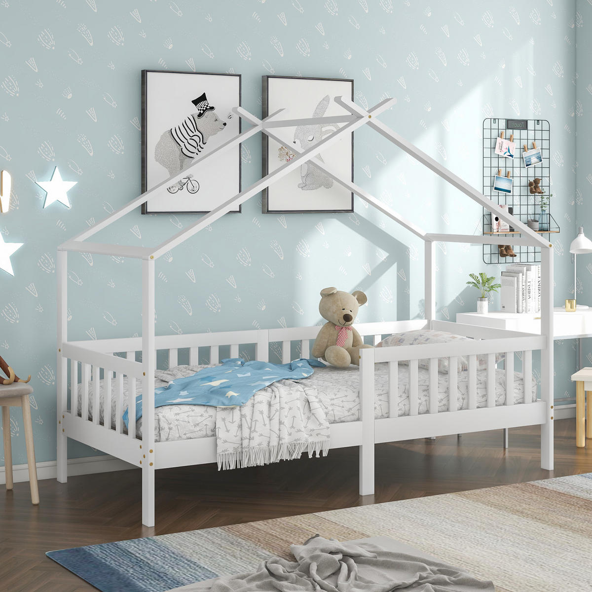 HAUSBETT 90/200 cm in Weiß – mit Satteldach, Zaun und Liegefläche 90/200 cm - Weiß, Holz (90/200cm) - BEAOK