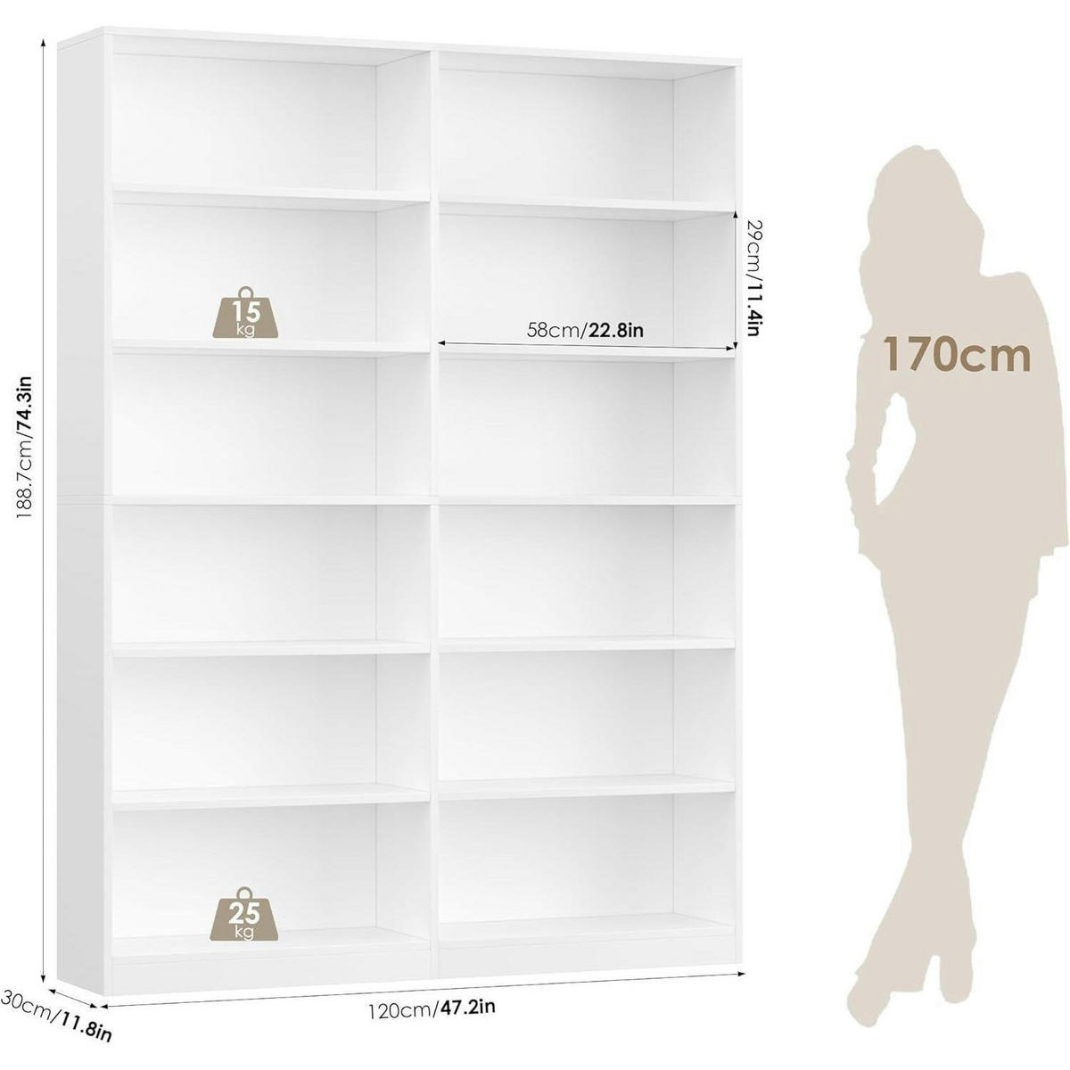 BÜCHERREGAL mit 12 Fächern weiß 120 x 30 x 188,7 cm - Weiß, Holzwerkstoff (120/188.7/30cm)
