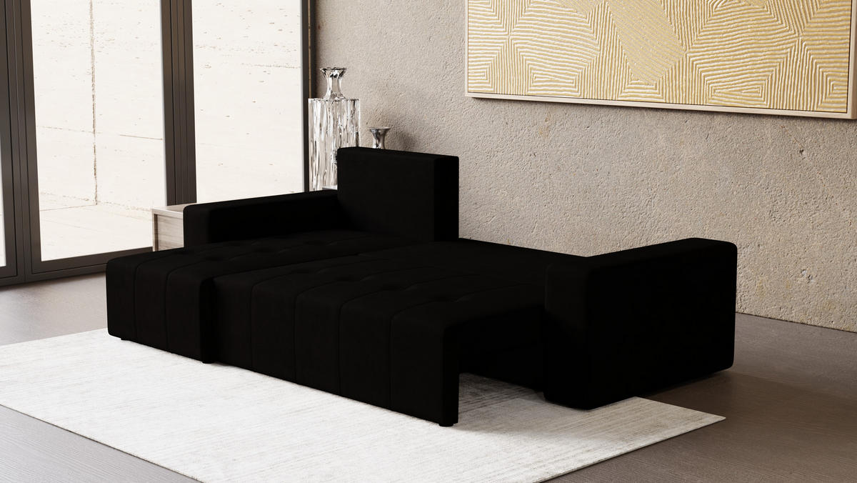 ECKSOFA Tico mit Bettkasten und Schlaffunktion, L-Form/XL-Form, Velourstoff, Universal - Schwarz, Holzwerkstoff (246/145cm) - 4ALL HOME
