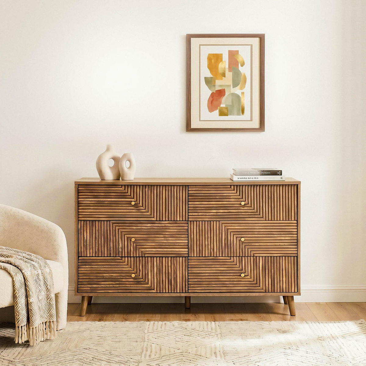 KOMMODE mit 6 Schubladen und laminierten Fronten 39/75/120 cm - Eschefarben, Holzwerkstoff (39/75/45cm) - Calicosy