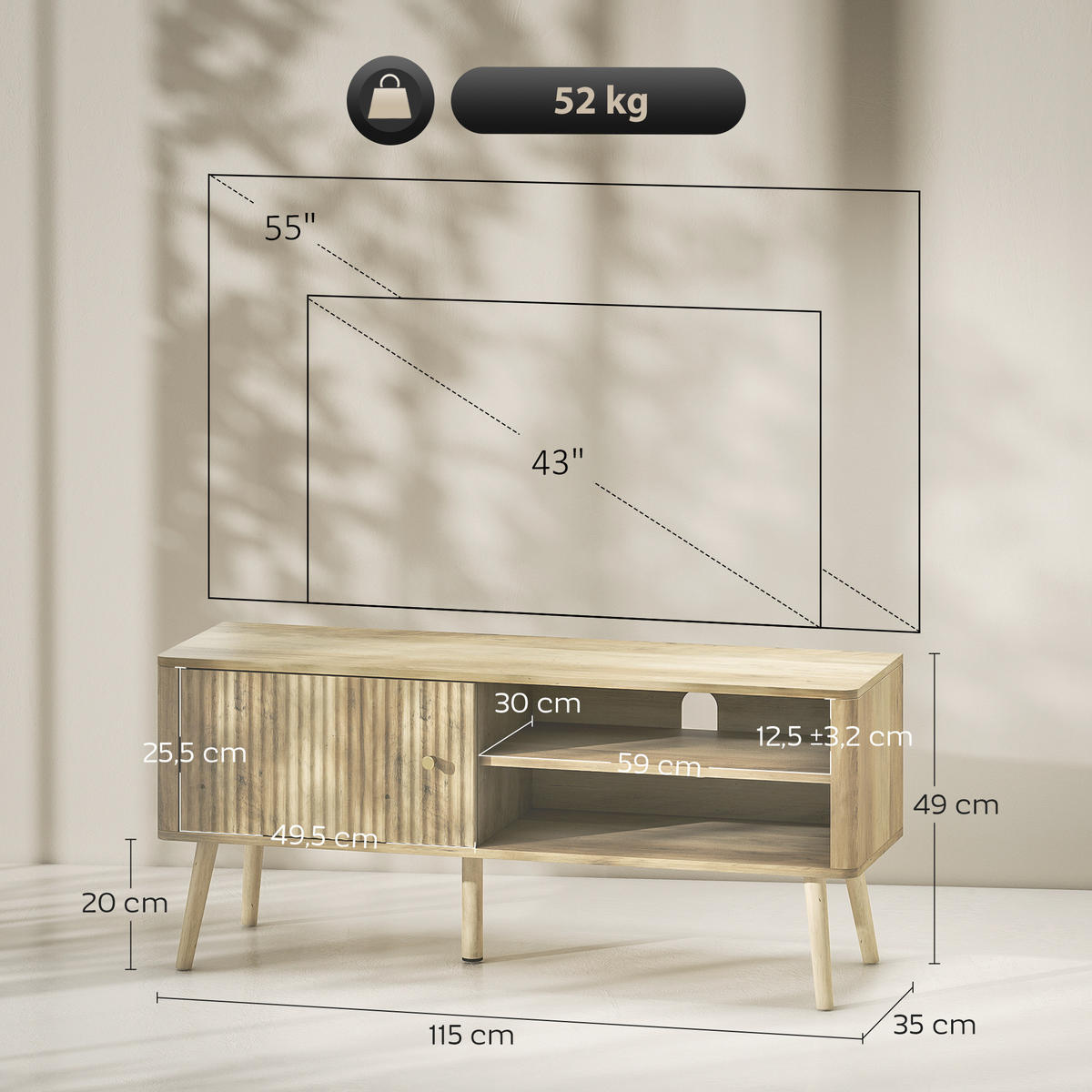 TV-BANK Eichenfarben 115/35/49 cm, 1 Tür, Offene Fächer, Kabelmanagement - Eichefarben, Holzwerkstoff (115/49/35cm) - PANGIVO