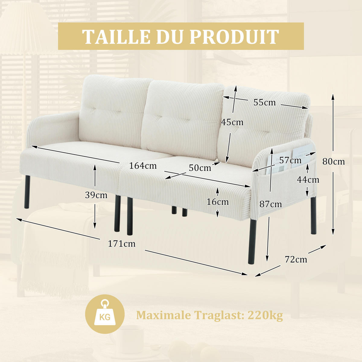 3-SITZER-SOFA 171/72/80 cm aus Cord mit Seitentasche Beige - Beige, Textil (72/80/171cm) - Modenvie