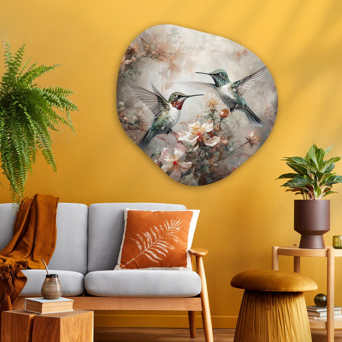 WANDBILD Kolibri - Vögel - Blumen - Pflanzen 90x90 cm - Hellgrün, Kunststoff (90/90cm) - MuchoWow