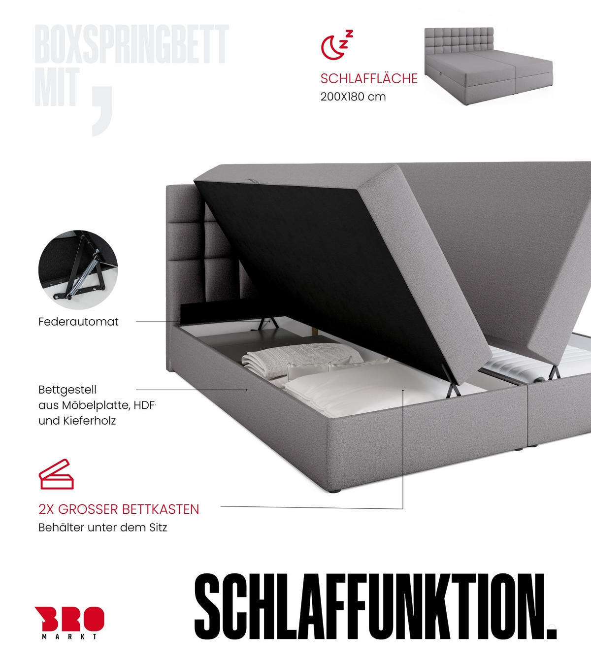 BOXBETT Dakota mit Topper 180/200 Grau - Grau, Textil (180/200cm) - Bromarkt