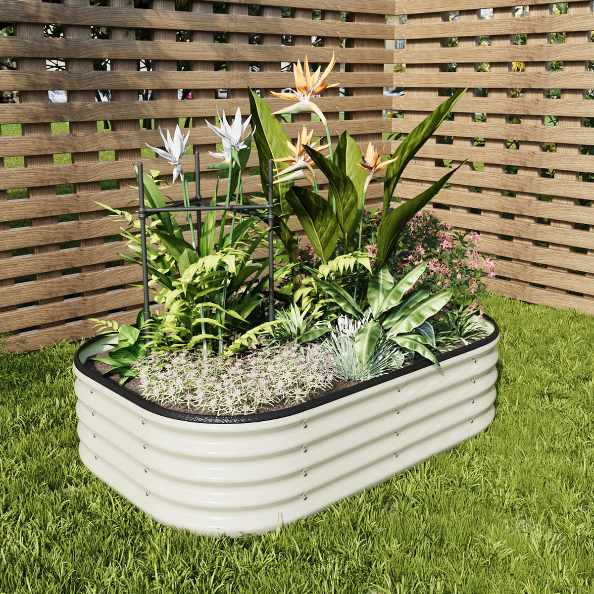 HOCHBEET-PFLANZKASTEN mit Pflanzenstütze aus verzinktem Stahl in Weiß Ovalen Blumenkasten für Garten Balkon 120 × 80 × 30 cm 5,3 kg - Weiß, Metall (80/30/120cm) - Livingandhome