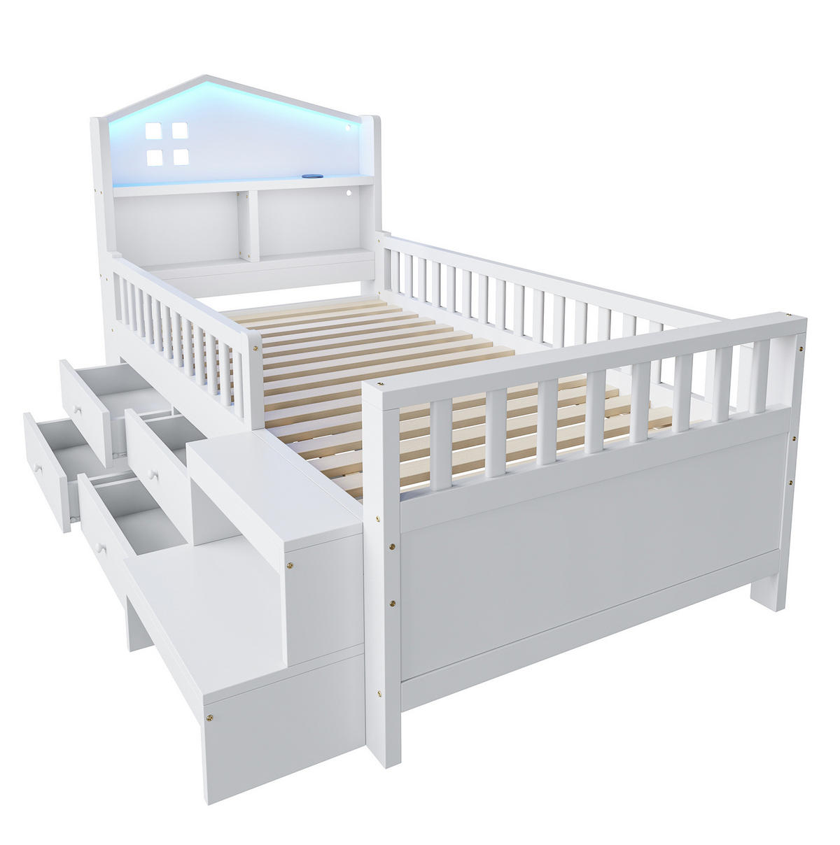 KINDERBETT 90/200 cm mit LED-Beleuchtung, USB- und Typ-C-Anschluss, 4 Schubladen und Treppe, Weiß - Weiß, Holzwerkstoff (90/200cm) - Redom