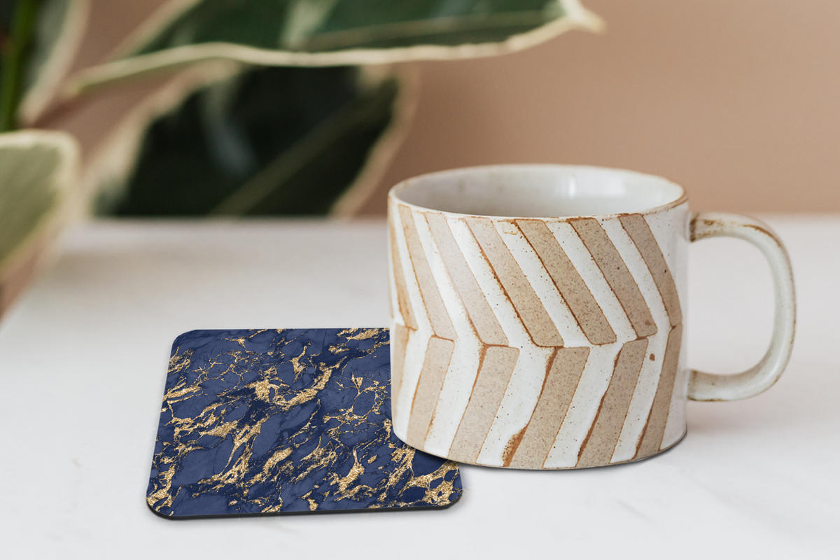 GLASUNTERSETZER 6er-Set Blau - Gold - Muster - Marmor 10x10 cm - Dunkelblau, Naturmaterialien (10/0.2cm) - MuchoWow