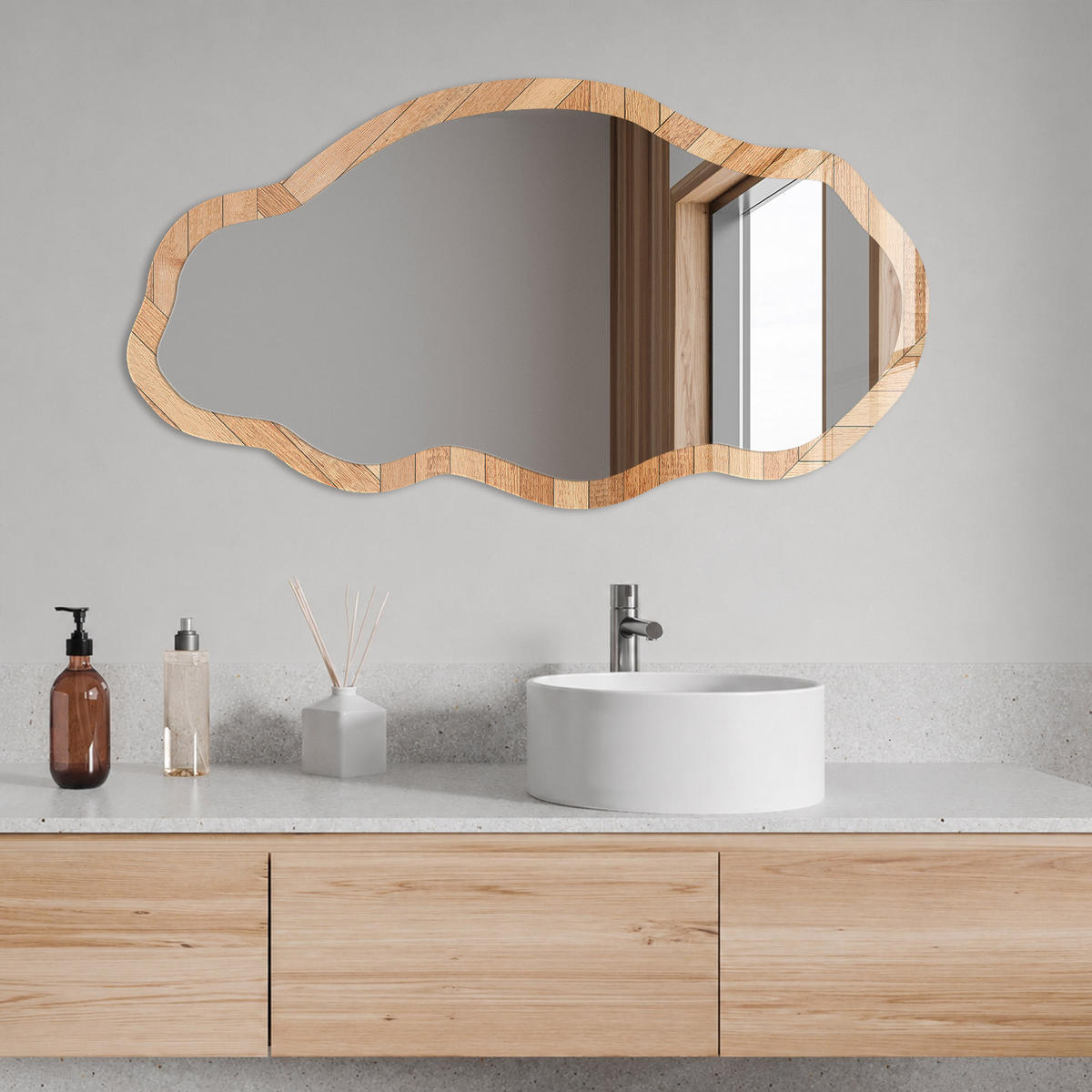 SPIEGEL 90x45 cm asymmetrisch mit Druck - Holzstruktur - Transparent, Glas (45/90/0.4cm) - TULUP