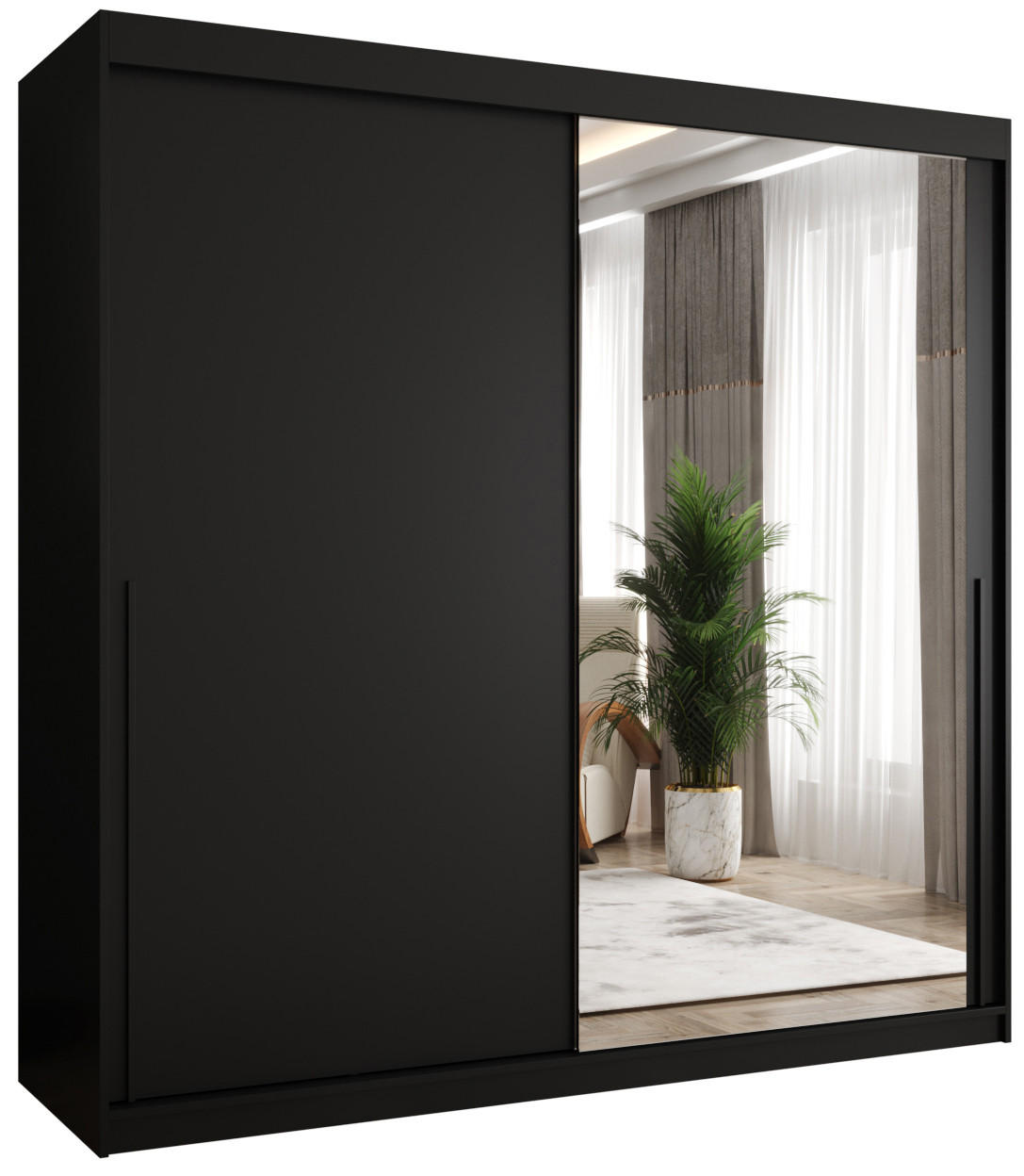 SCHIEBETÜRENSCHRANK mit Spiegel 200 cm Breite, schwarz, mit schwarzem Griff - Schwarz, Holzwerkstoff (250/200/62cm) - Home Collective
