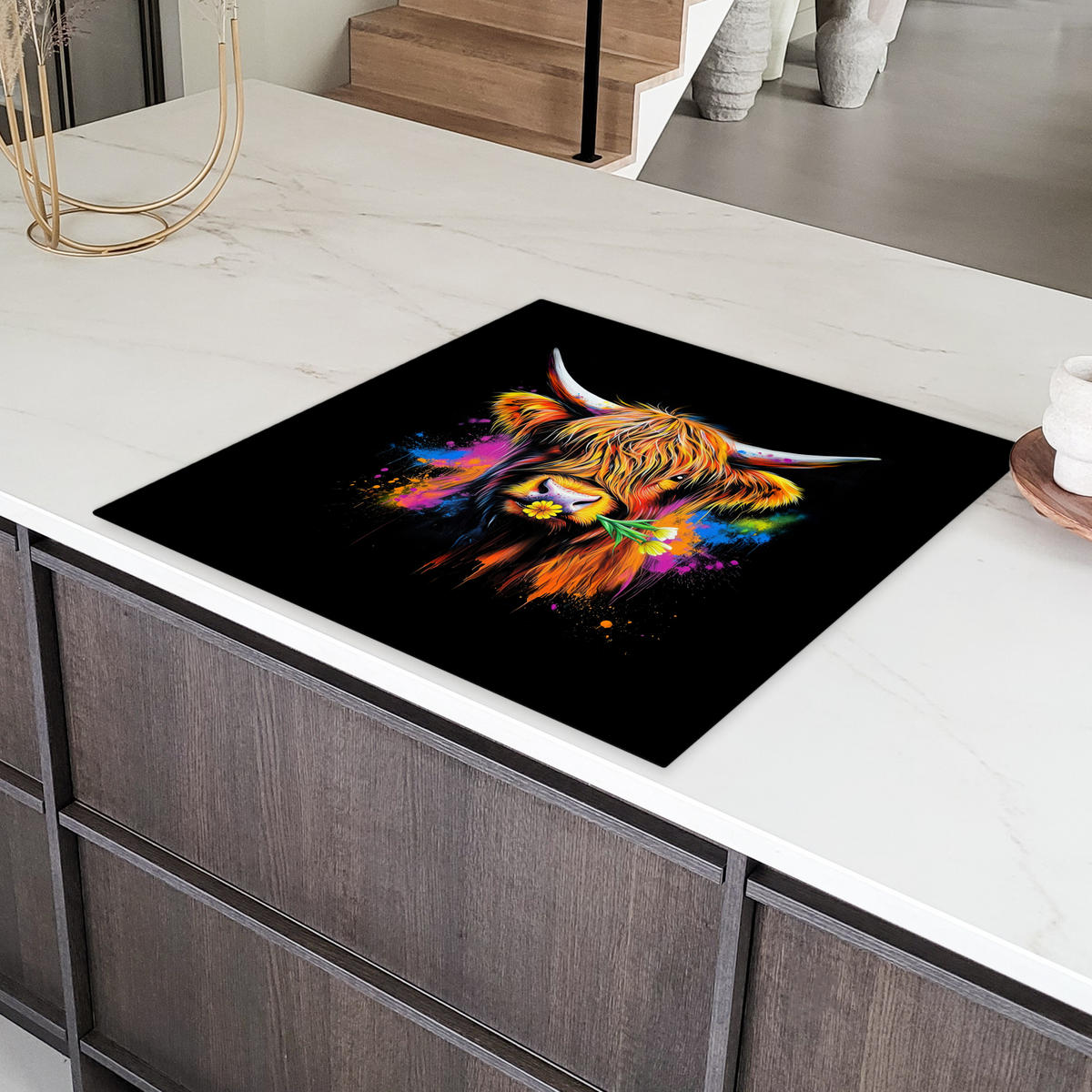 HERDABDECKPLATTE Schottischer Highlander - Graffiti - Bunt - Blume - Tiere Induktionsmatte 78x78 cm - Multicolor, Kunststoff (78/78/0.2cm) - MuchoWow