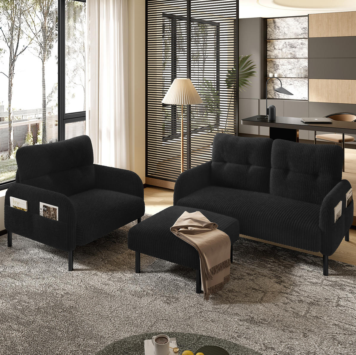 SOFA-SET 3er-Set mit Seitentasche Cord Schwarz - Schwarz, Textil (120/79/75cm) - IVMEU