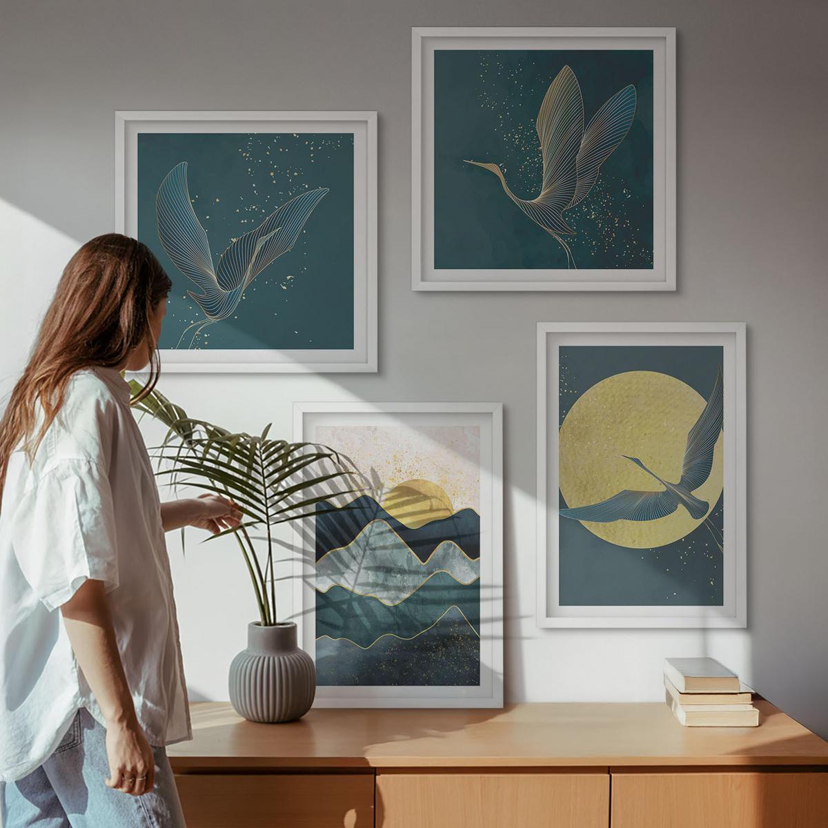 WANDBILDER 4er-Set - 50x50 cm & 40x60 cm Weißer Rahmen - Vögel, Kraniche, Mond, Berge - Weiß, Kunststoff (50/50cm) - ArtPrintCave
