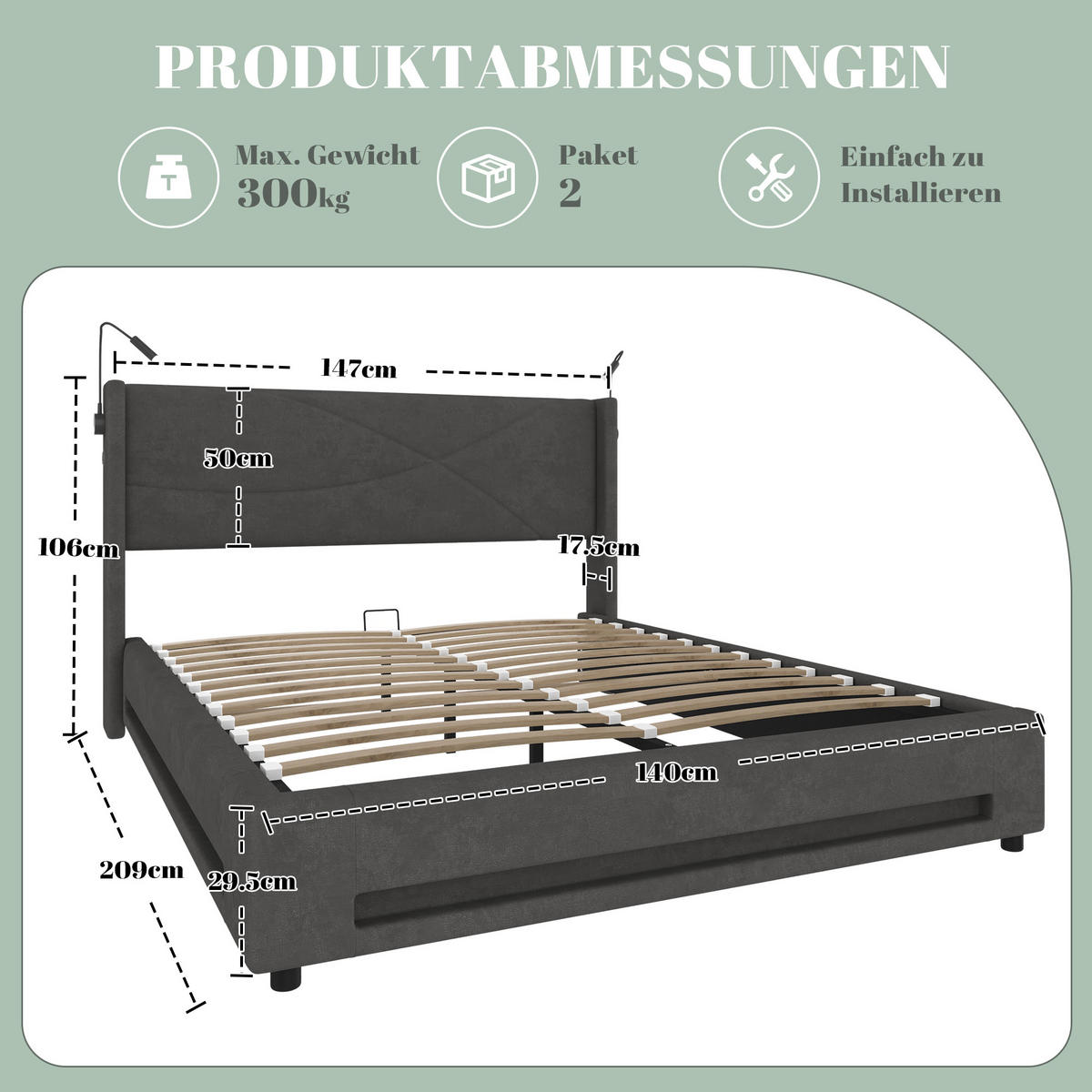 POLSTERBETT 140x200 cm LED USB Stauraum - Grau, Textil (140/200cm) - LEBENLANG