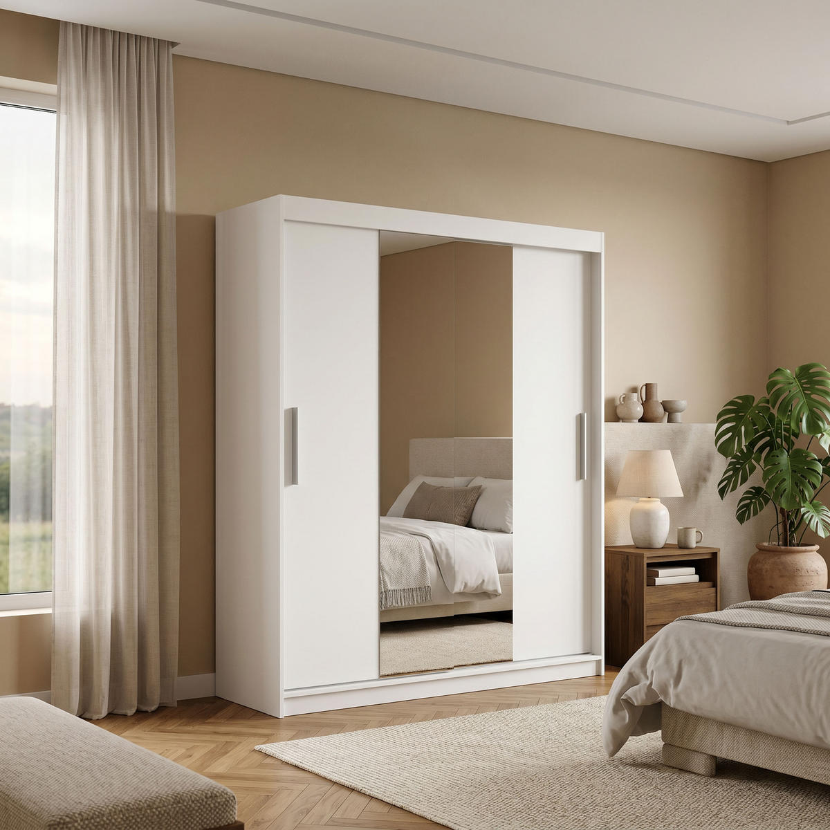 SCHWEBETÜRENSCHRANK VIVA 180/215,5/59cm 2-türig mit Spiegel Weiß - Weiß, Holzwerkstoff (180/215.5/59cm) - MASSENO