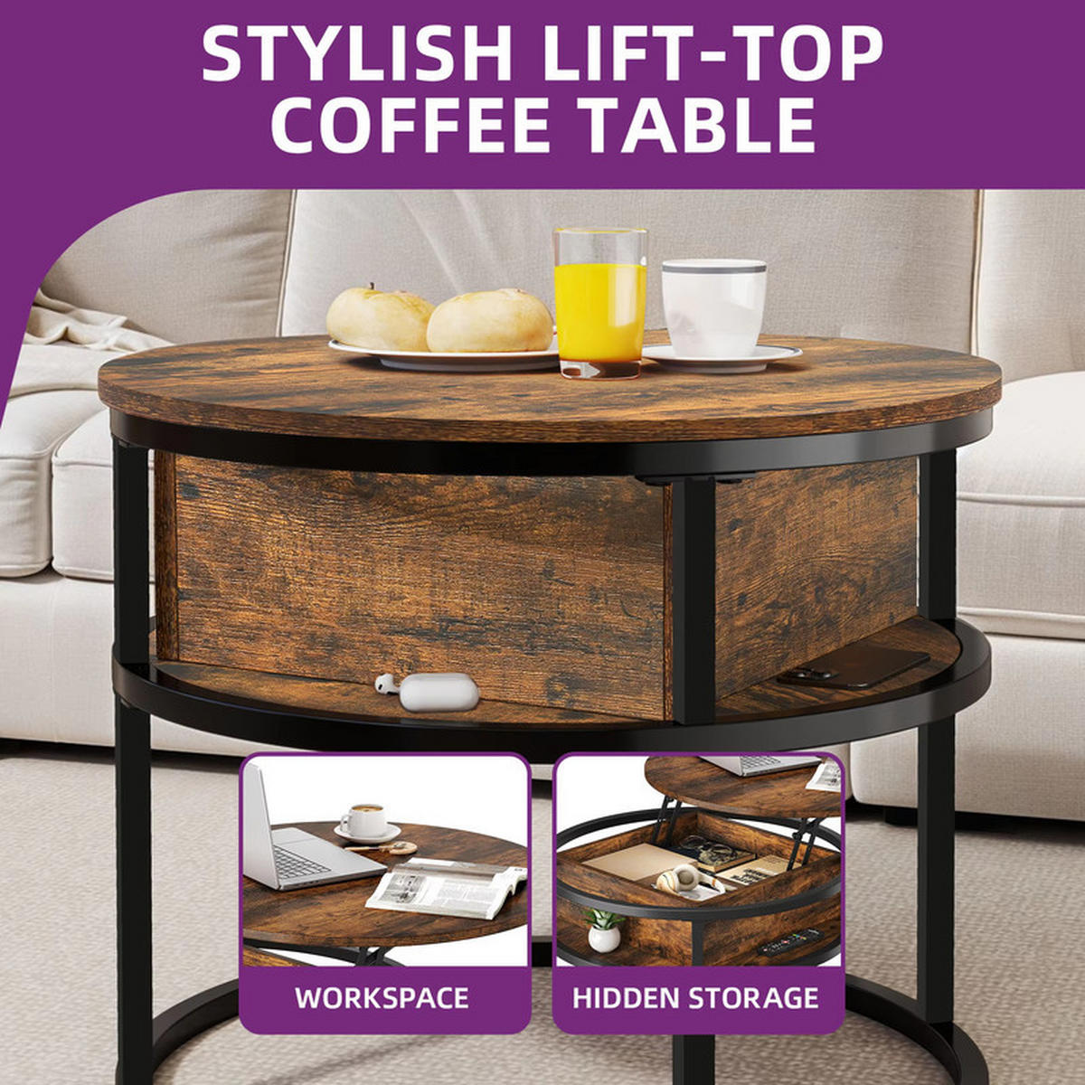 COUCHTISCH rund Höhenverstellbar 60x60x47 cm versteckter Stauraum - Braun, Holz (60/60/62.5cm) - Kaket