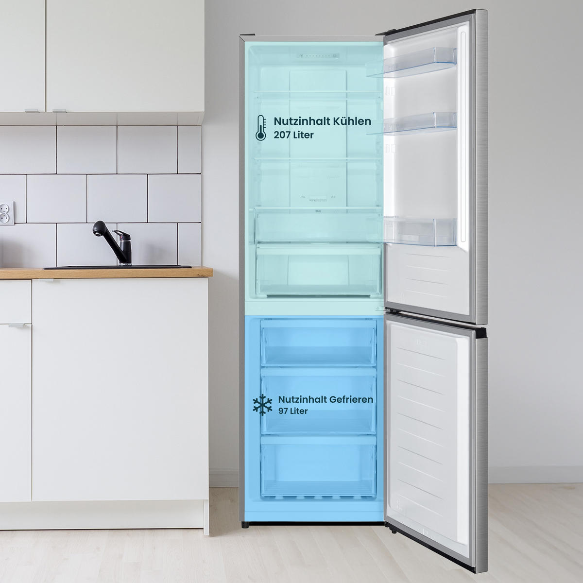 KÜHL-GEFRIER-KOMBINATION, No Frost, freistehend, groß, Kühlschrank mit Gefrierfach - 304 Liter, EEK A, leise 35 dB - Silberfarben, Glas/Kunststoff (59.5/187.3/59cm) - homeX