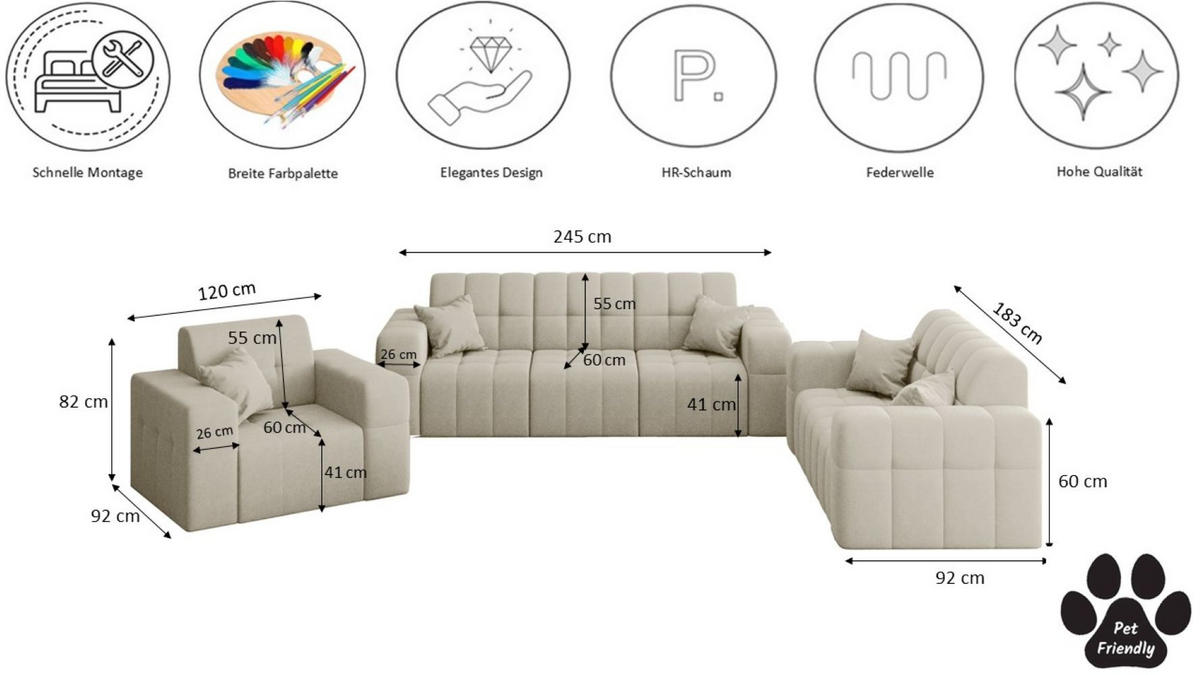 SITZGARNITUR NIMES 3-2-1 Stoff Portland Ecru - Ecru, Holz/Textil (92/82/245cm) - Kaiser Möbel