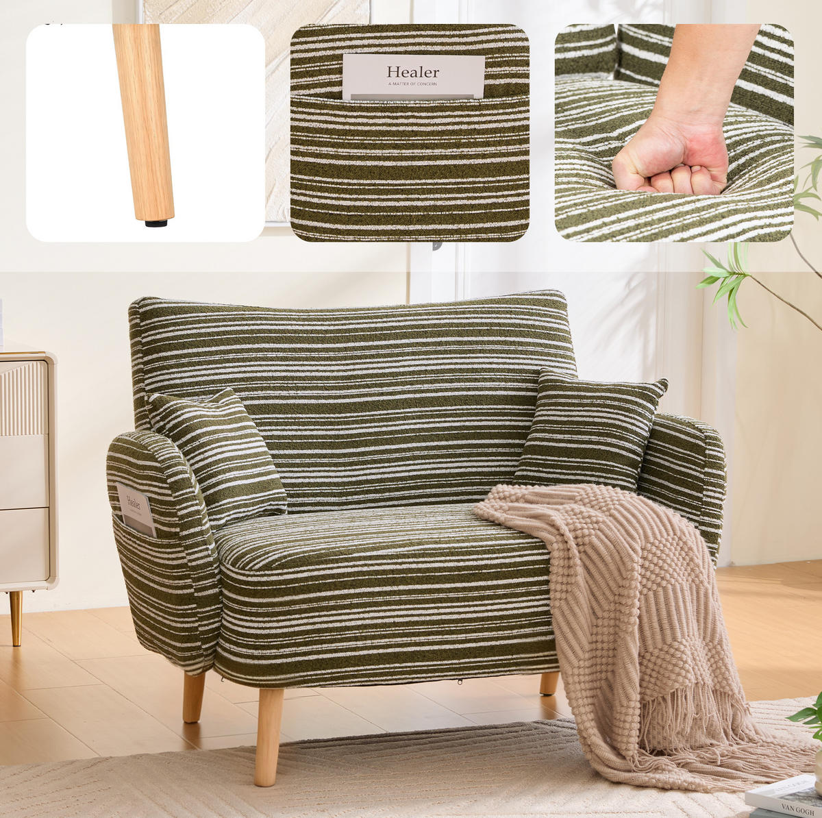 2-SITZER-SOFA aus Bouclé 121x81,5x87 cm in Olivgrün mit Seitentaschen - Grün, Textil (81.5/87/121cm) - Modfu