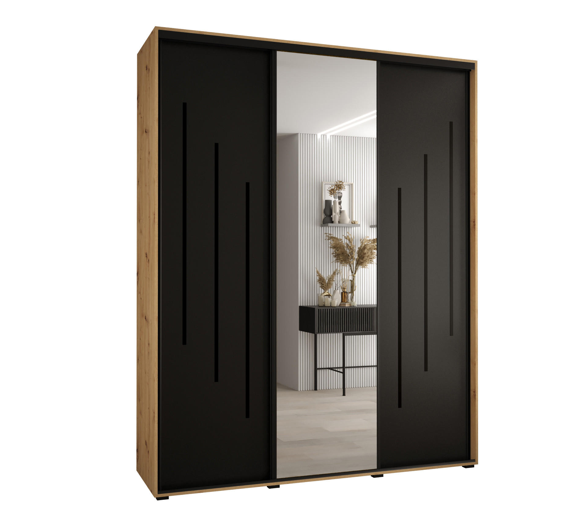 Abiks Möbel SCHWEBETÜRENSCHRANK Eiche Artisan, Schwarz, Schwarz 200cm × 45cm × 235cm