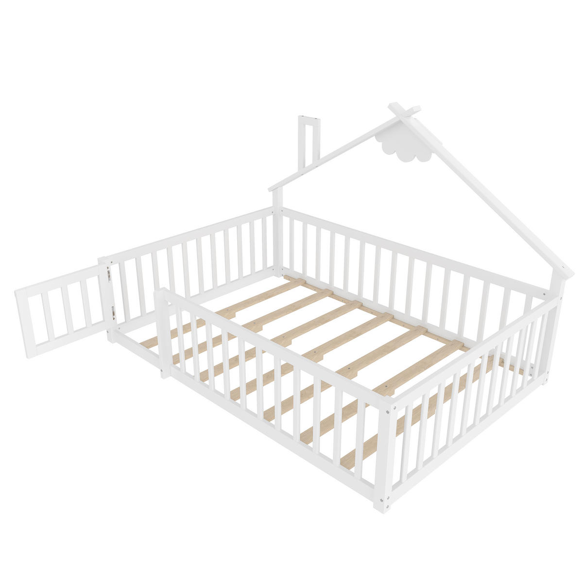 HAUSBETT 140/190 cm in Weiß mit Geländer und Schloss aus Kiefernholz - Weiß, Holz/Holzwerkstoff (140/190cm) - CHICFURN