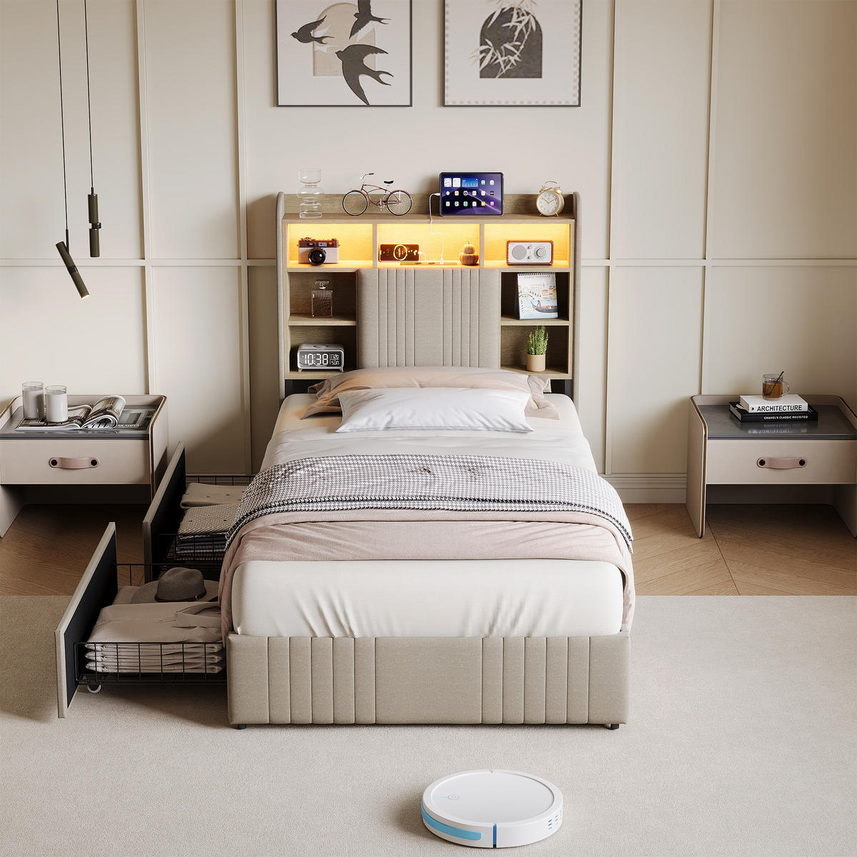 POLSTERBETT 90x200 BEIGE Leinenoptik, 2 Schubladen, USB - Beige, Holz - SHOPENTRA