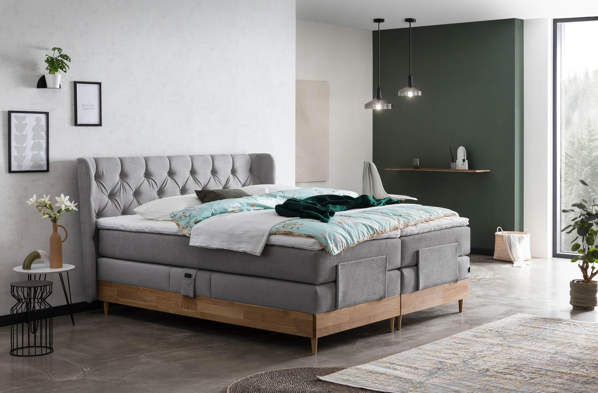 BOXSPRINGBETT ELEKTRISCH VERSTELLBAR EON 180x200 Hellgrau H2 und H3 Bett mit Motor 7-Zonen TFK Matratze inkl. Visco Topper Motorbett mit Eiche - Hellgrau, Textil (180/200cm) - Belanoti