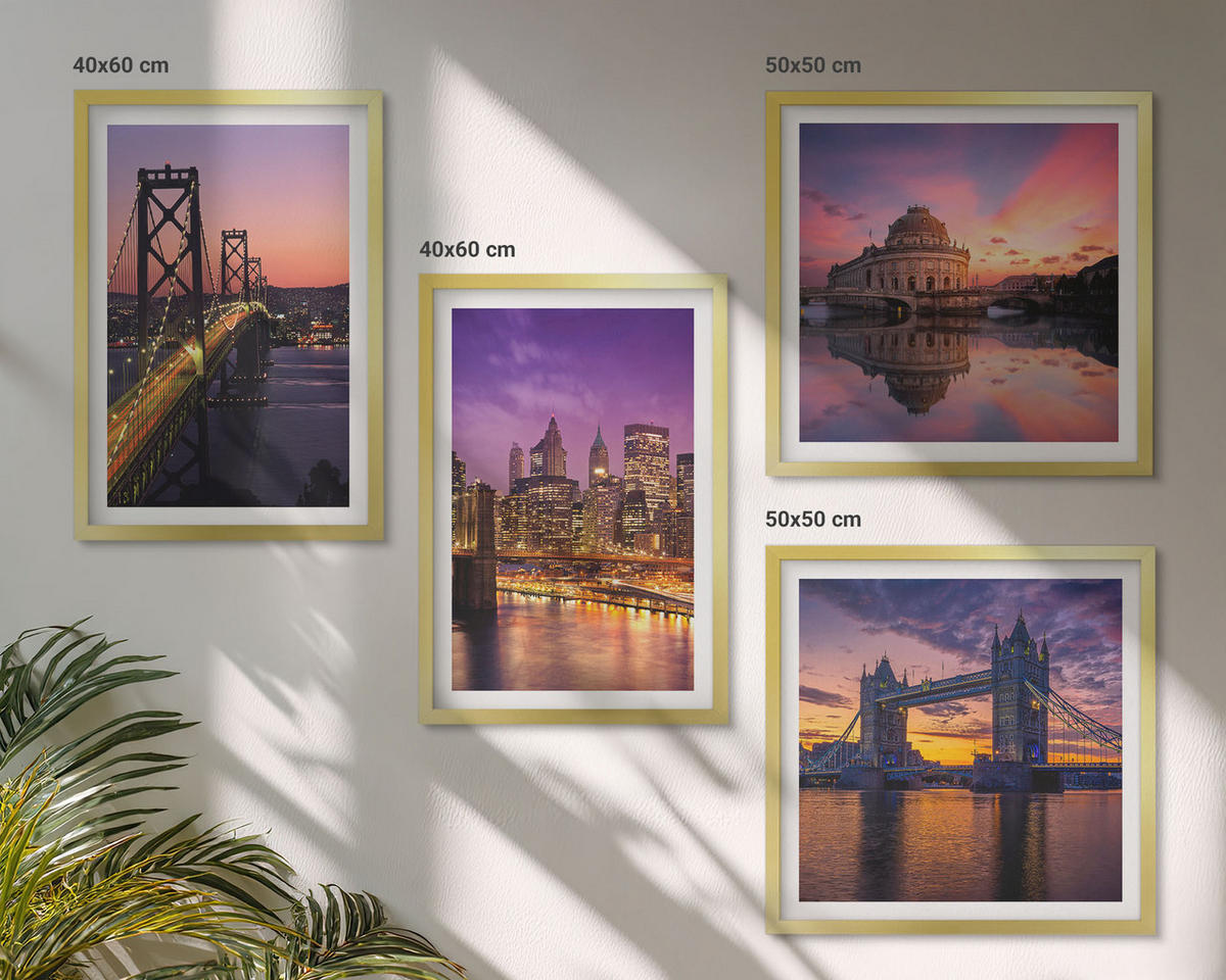 WANDBILDER 4er Set - 50x50 cm & 40x60 cm Goldrahmen - Brücken, Sonne, Stadtblick - Goldfarben, Kunststoff (50/50cm) - ArtPrintCave