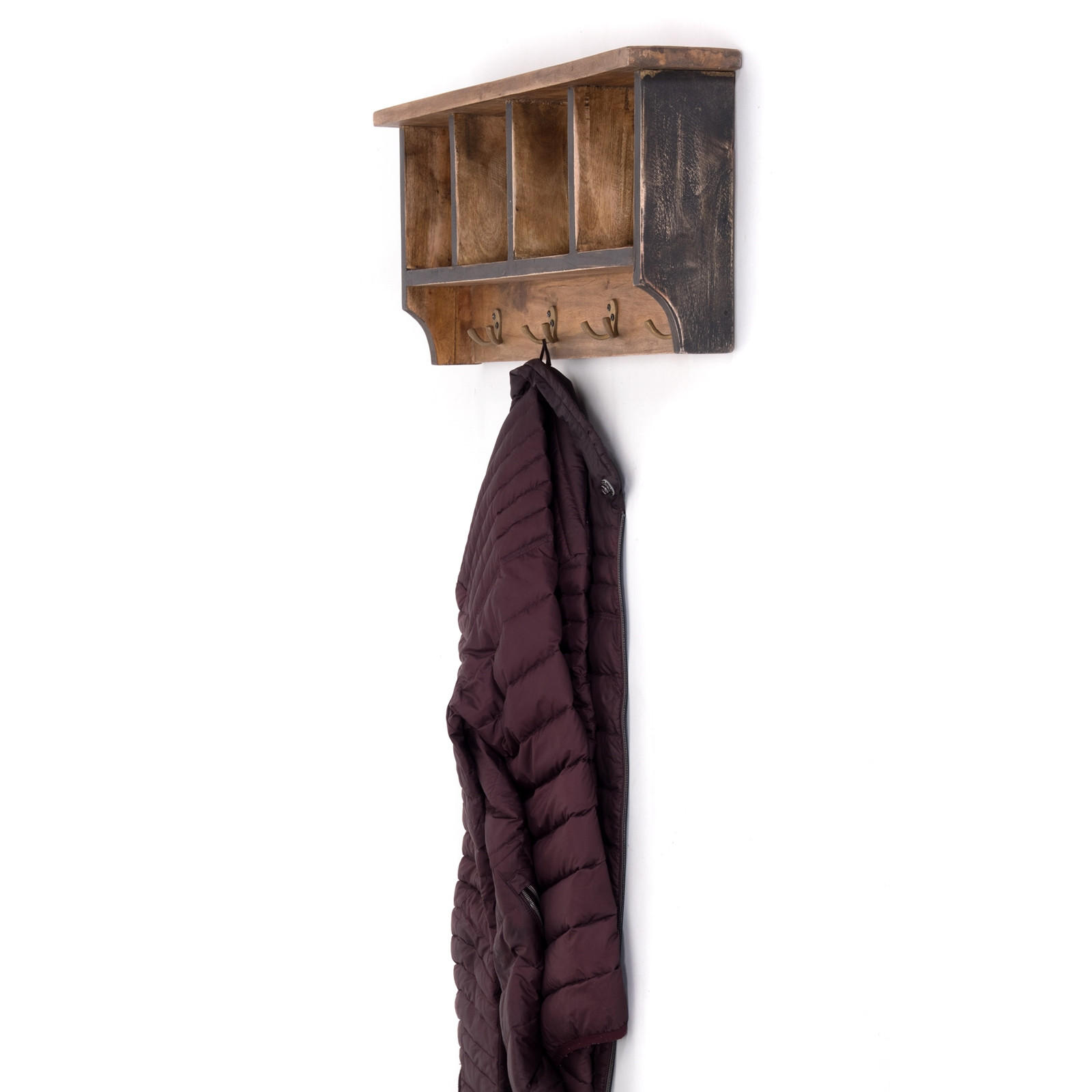 WANDGARDEROBE VINTAGE 70 Recyclingholz massiv, 4 Doppelhaken, 4 Fächer, Ablage 04 schwarz-natur - Graubraun, Holz (70/27/11cm) - DESIGN DELIGHTS