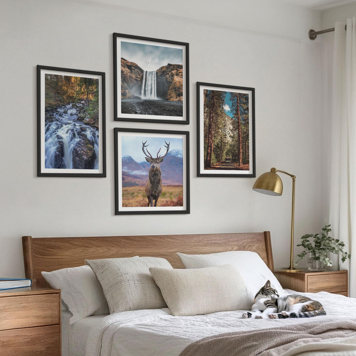 BILDER SET 4er Set - 50x50 cm & 40x60 cm Schwarzer Rahmen - Wasserfall Wald Berge Hirsch Natur - Schwarz, Kunststoff (50/50cm) - TULUP