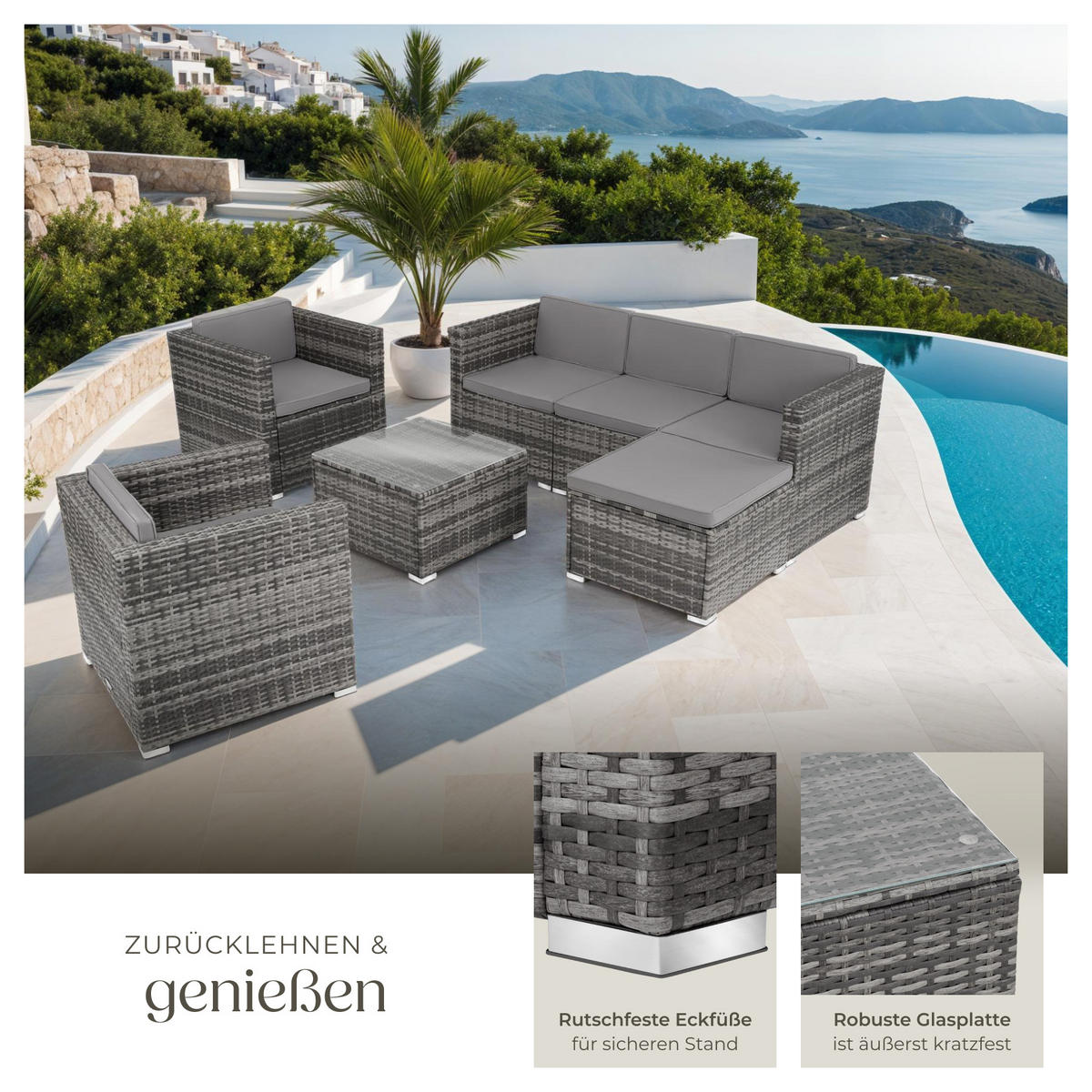 RATTANLOUNGE Lignano,variabel aufstellbar,grau - Grau, Kunststoff - tectake