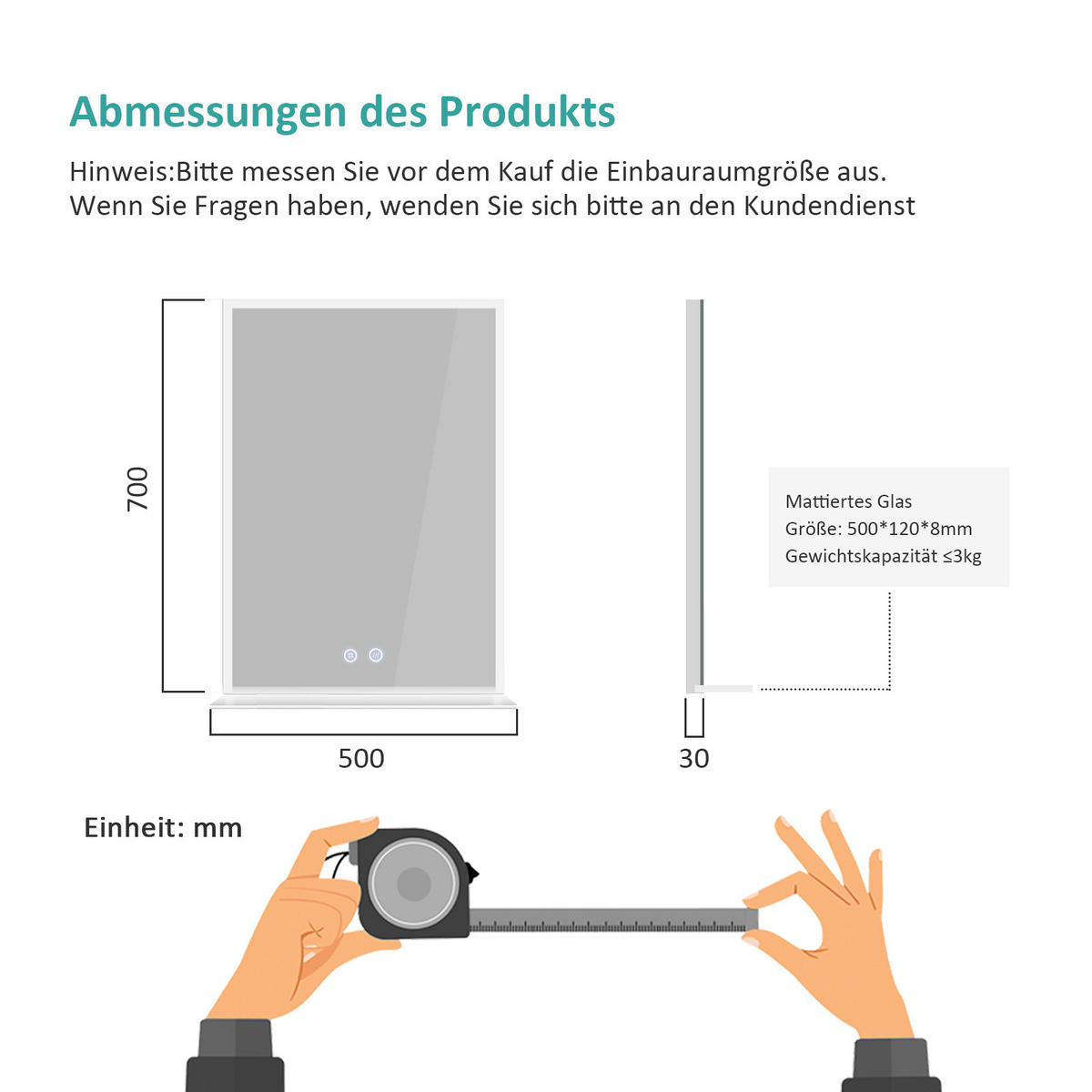 BADSPIEGEL mit Beleuchtung mit Ablage 70/50 cm - Weiß, Glas (50/3.5/70cm) - EMKE