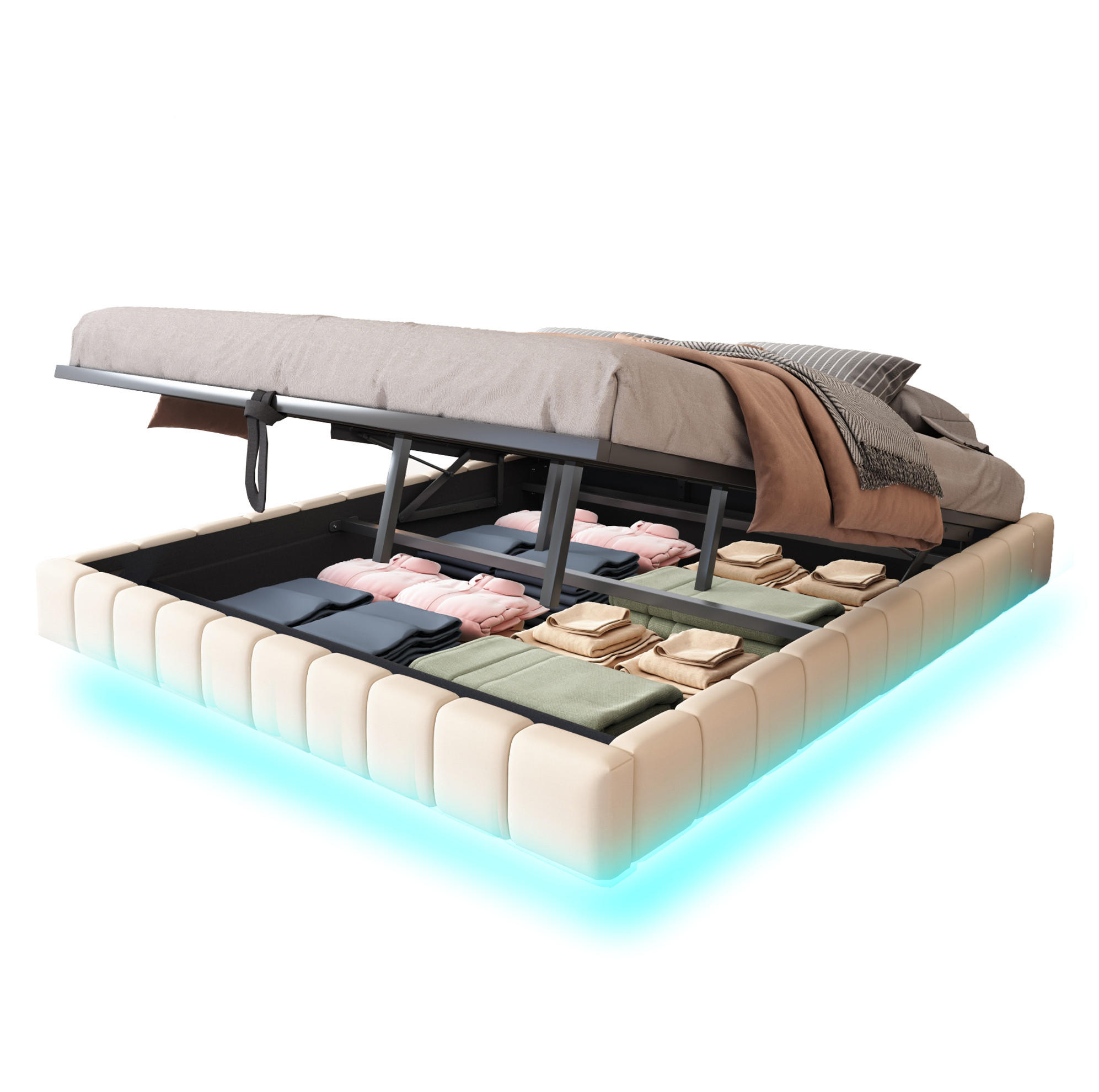 OKWISH ČALOUNĚNÁ postel 180/200 cm béžová z látky s LED osvětlením a úložným prostorem
