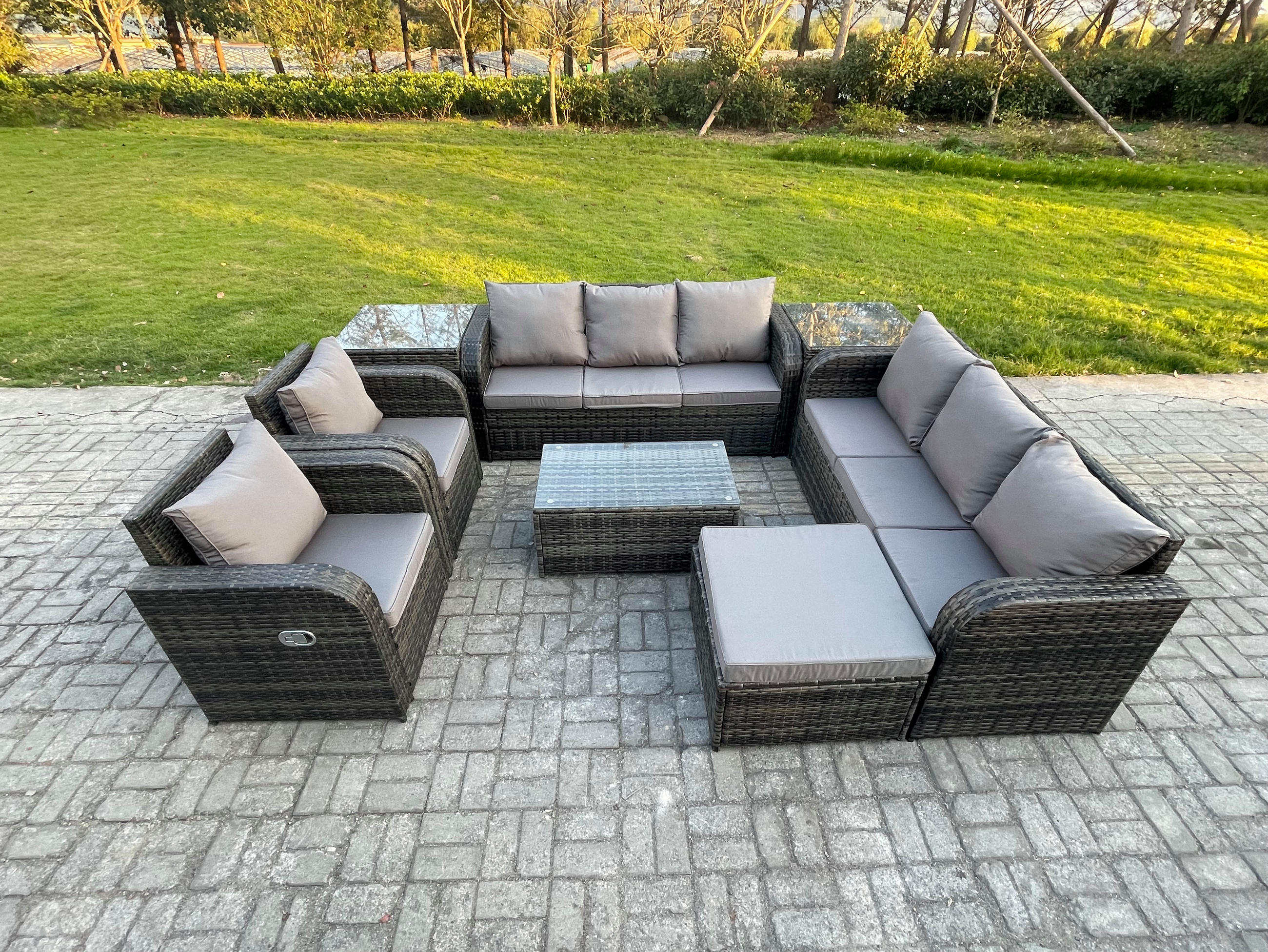 GARTENMÖBEL-SET mit Kissen Polyrattan Dunkelgrau 9-Sitzer - Dunkelgrau/Grau, Glas/Kunststoff - Fimous