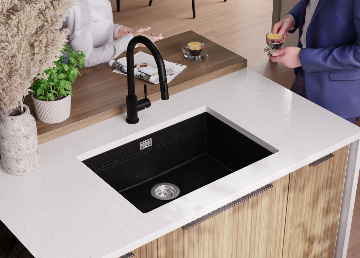 UNTERBAUSPÜLE GRANIT Praga, 2-er set Schwarz Metallic 66/47 cm 1 Becken + Ablauf-Set + Aufrollbare Abtropffläche ab 70er Unterschrank - Chromfarben/Schwarz Hochglanz, Kunststoff (66/20/47cm) - Primagran
