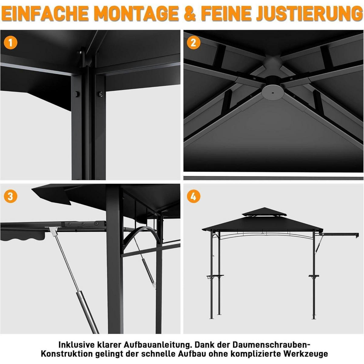 GRILLPAVILLON mit Seitenmarkise und Ablagen Schwarz - Schwarz, Metall (123/253/201cm)