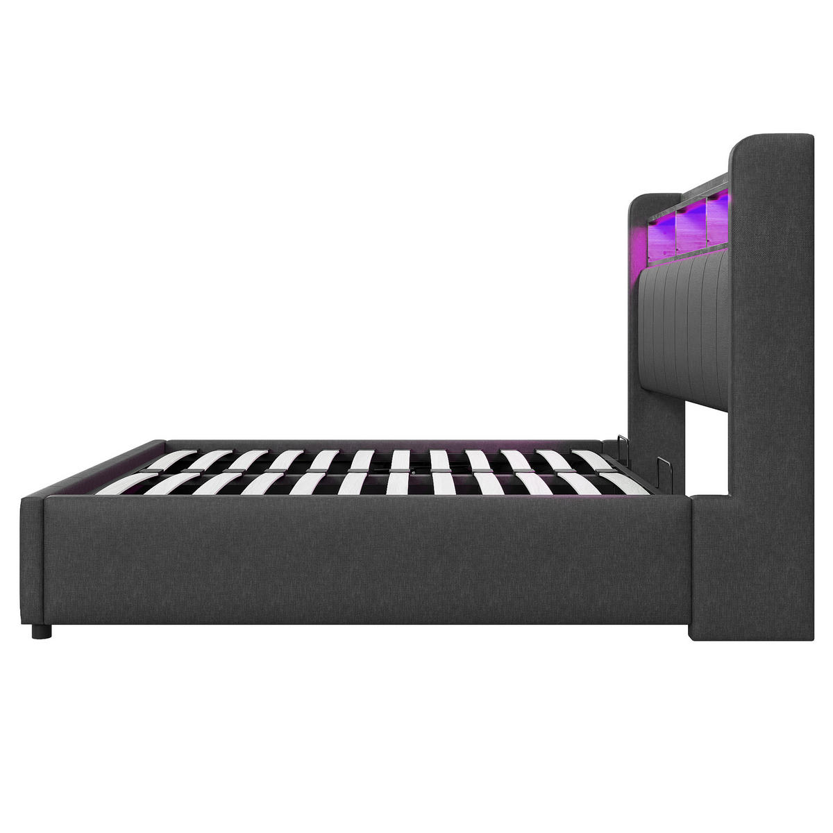 POLSTERBETT 160/200 cm in Grau Leinen mit Stauraum, LED, USB und Type-C - Grau, Holzwerkstoff/Textil (160/200cm) - WISHDOR