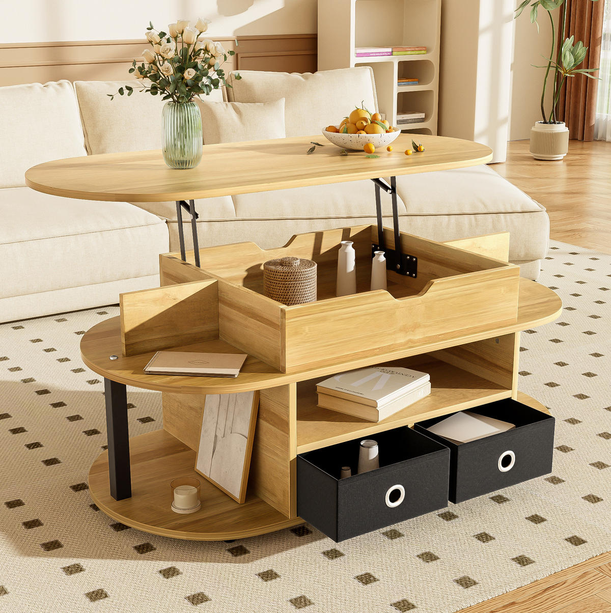 COUCHTISCH aus Spanplatte 105x50x45/60 cm in Naturfarben mit Hebefunktion - Naturfarben, Holzwerkstoff (105/50/60cm) - Modfu