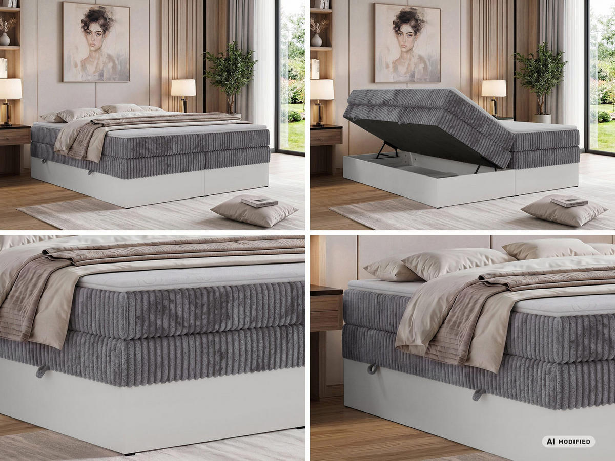 BOXSPRINGBETT TRAVIT ZERO KING 180/200 - Grau Cord - Topper T25 - H3 - Schwarz/Grau, Kunststoff/Textil (180/200cm) - MKS