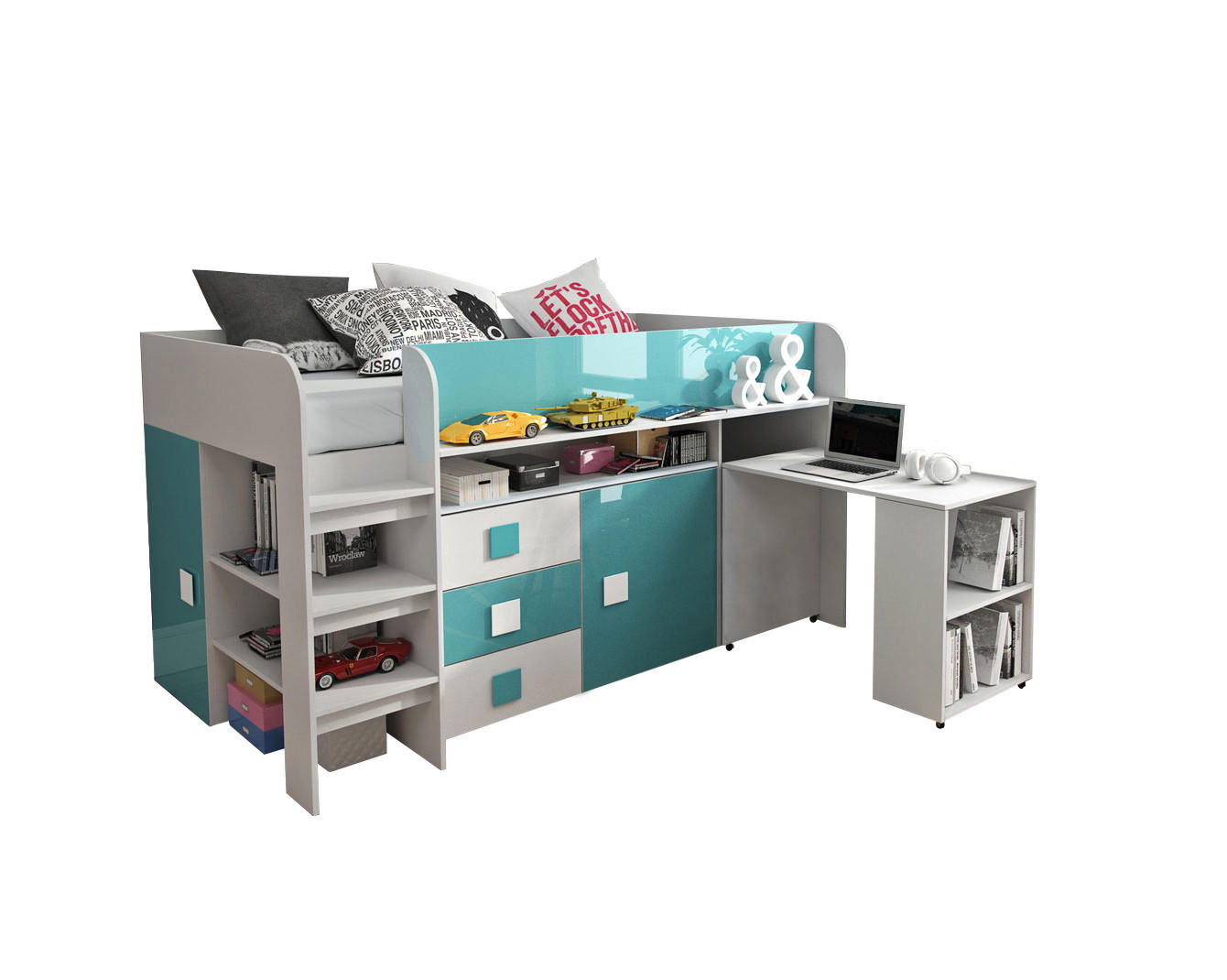 HOCHBETT Toledo weiß / türkis Hochglanz - Griffe weiß / türkis 106 / 204 / 125cm - Türkis/Weiß, Holz/Holzwerkstoff (90/200cm) - Feldmann-Wohnen