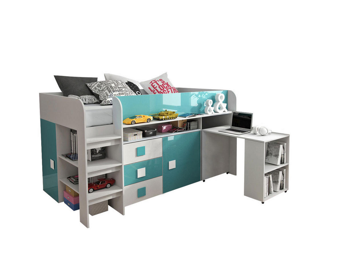 HOCHBETT Toledo weiß / türkis Hochglanz - Griffe weiß / türkis 106 / 204 / 125cm - Türkis/Weiß, Holz/Holzwerkstoff (90/200cm) - Feldmann-Wohnen