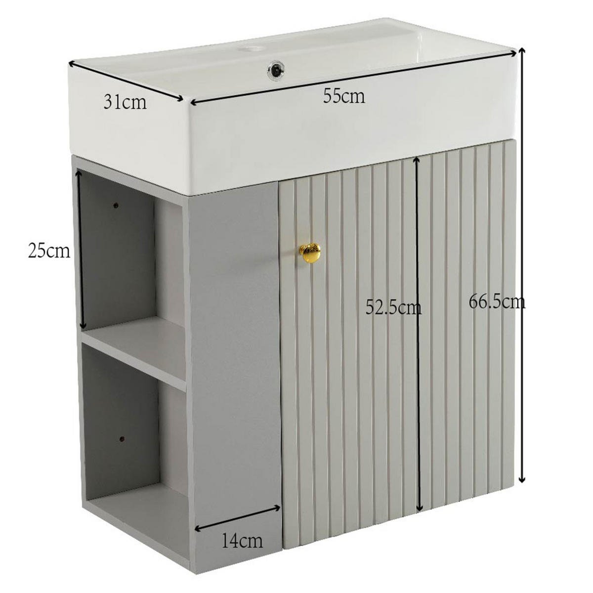 BADEZIMMERSCHRANK 55x31x66.5 cm Grau & Weiß aus Kunststoff mit Keramikbecken & 3D-Paneel - Grau, Holzwerkstoff (55/66.5/31cm) - Modfu