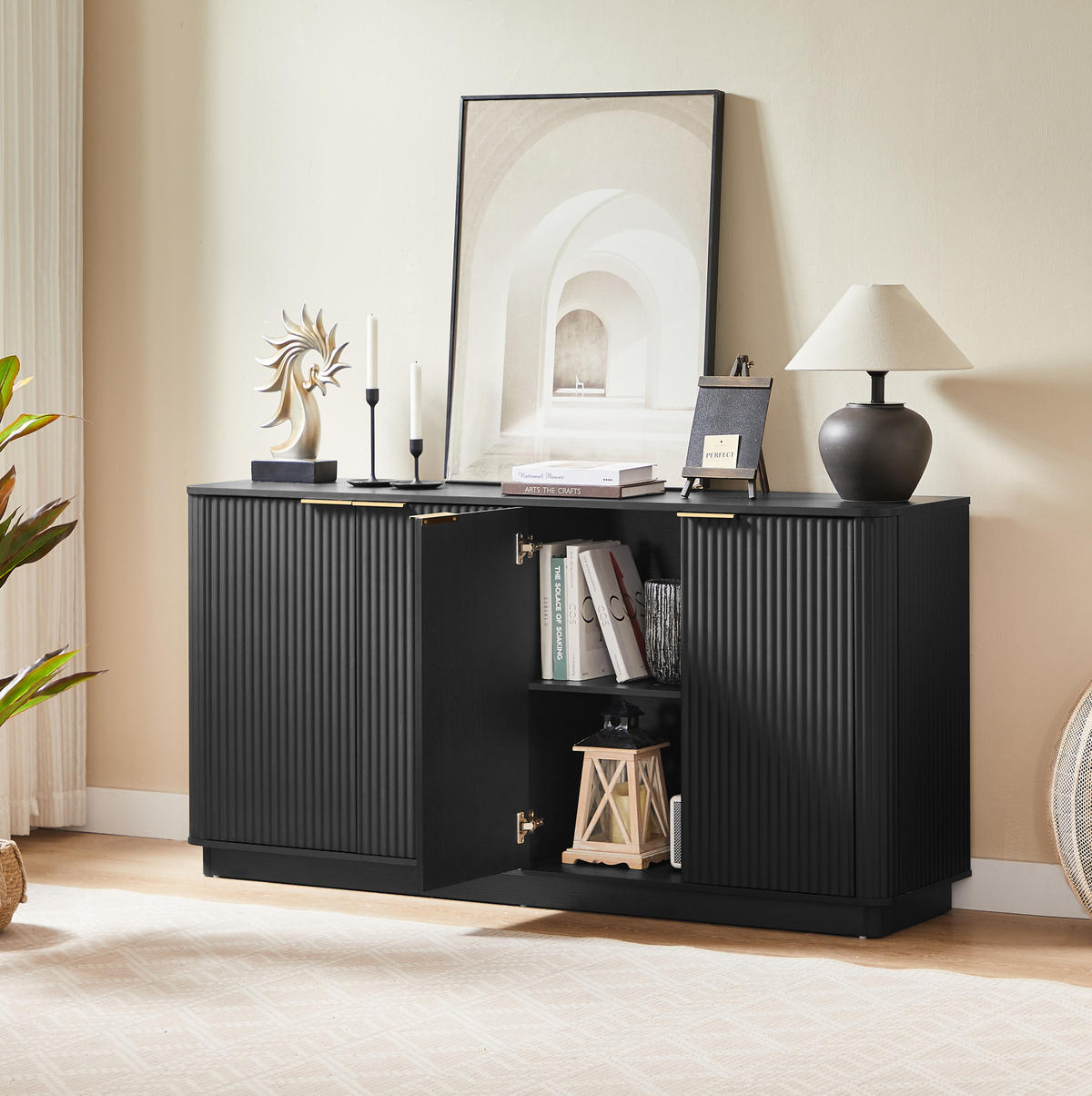 SIDEBOARD z MDF, 160/40/80 cm, černý, 4dveřový s úložným prostorem - černá, kompozitní dřevo (160/80/40cm) - BEAOK