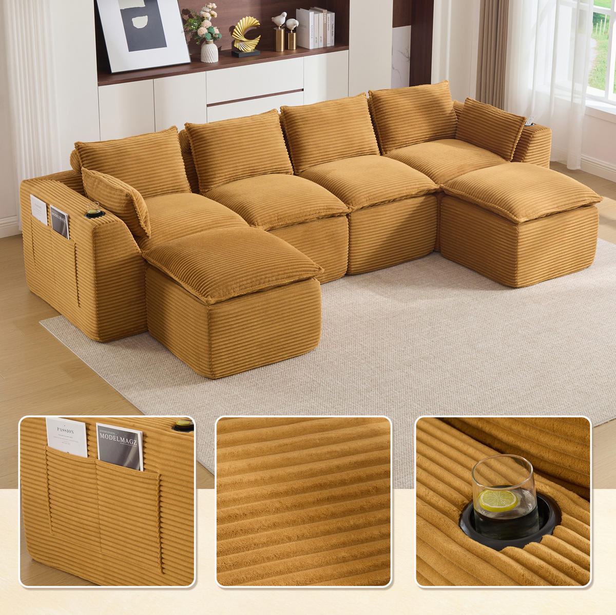 SOFA modular ca. 322 x 161 x 75 cm Cord Orange - Orange, Kunststoff (161/75/256cm) - Meubliv