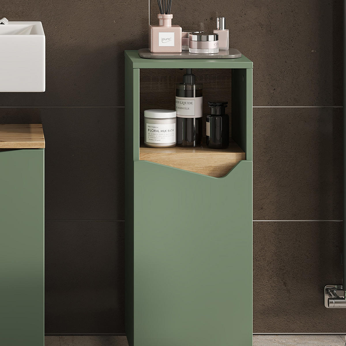 MIDISCHRANK Marelle Grün/Artisan 30 x 74.5 cm mit Tür und offenem Fach - Grün, Holzwerkstoff (30/74.5/35cm) - Vicco