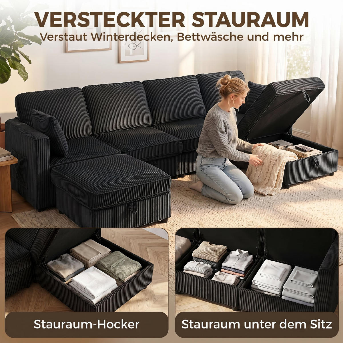 ECKSOFA Cord Dunkelgrau - Dunkelgrau/Schwarz, Kunststoff/Textil (153/306cm) - HOMCOM