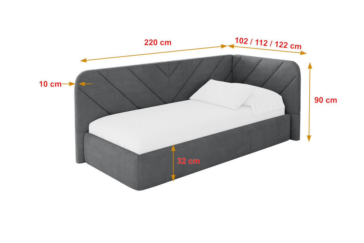 EINZELLBETT Jugendbett mit Bettkasten und Matratze H3/H4, Links - FIKY 90x200 Dunkelgrau - Graphitfarben, Holzwerkstoff/Textil (90/200cm) - ALTDECOR