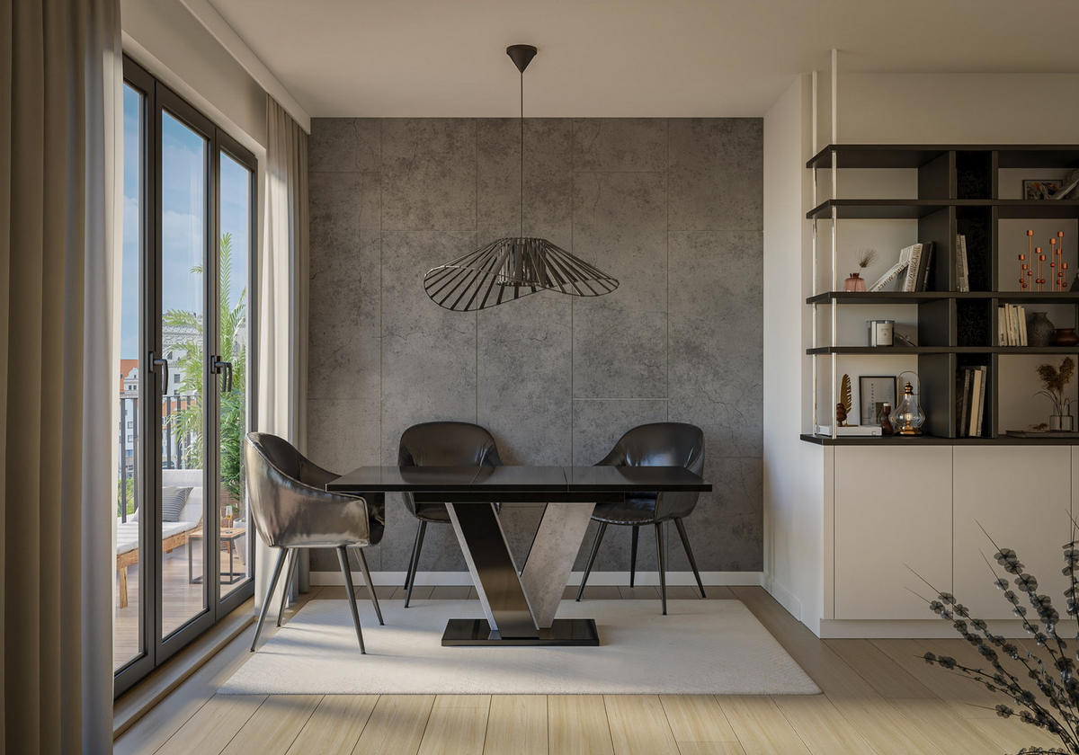 ESSTISCH rechteckig Schwarz - Beton ausziehbar - Schwarz Hochglanz/Hellgrau, Holzwerkstoff (90/120/75cm) - designimpex