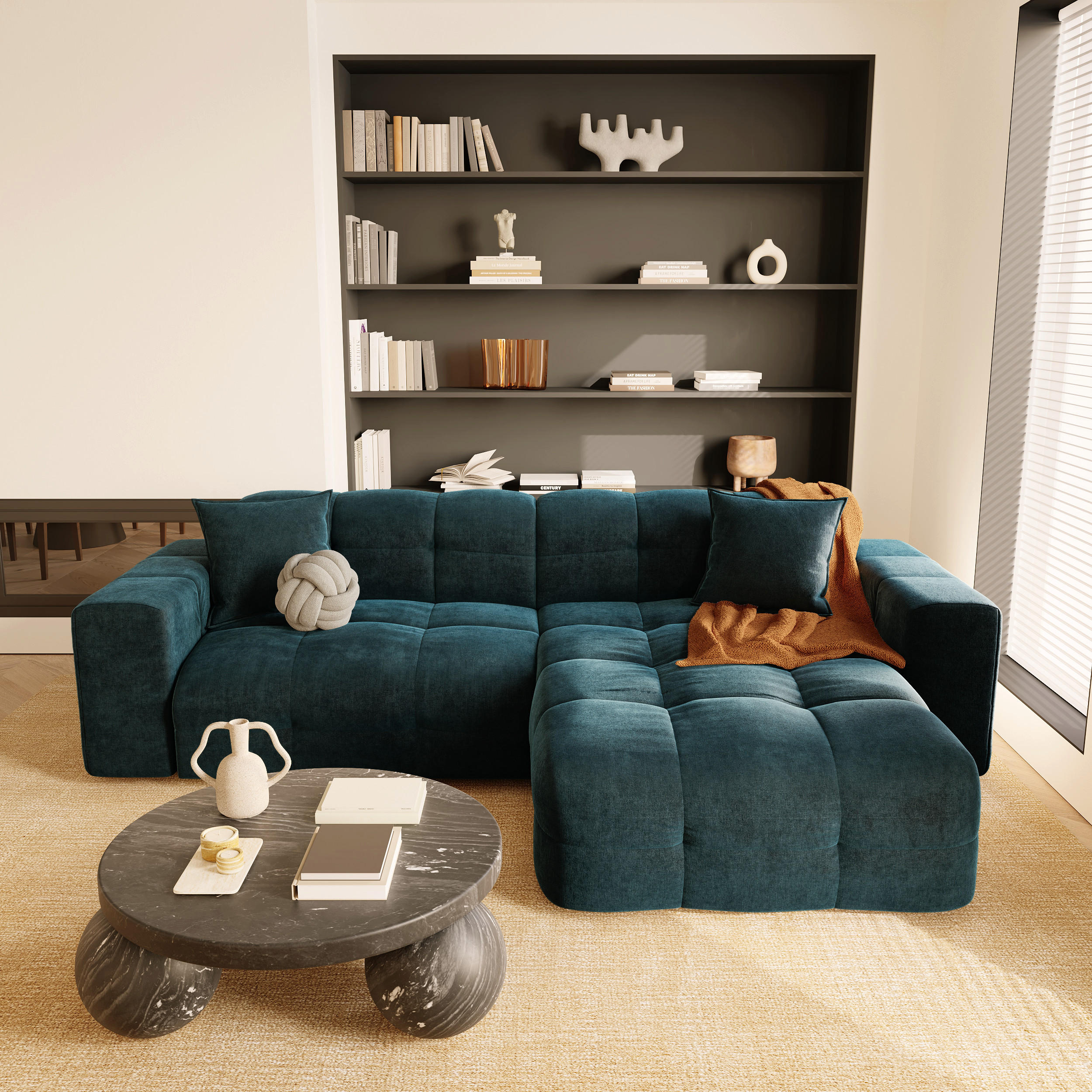 ECKSOFA RECHTS Samt Pfauenblau 230cm - Blau/Hellblau, Textil (230/155cm) - Sia Home