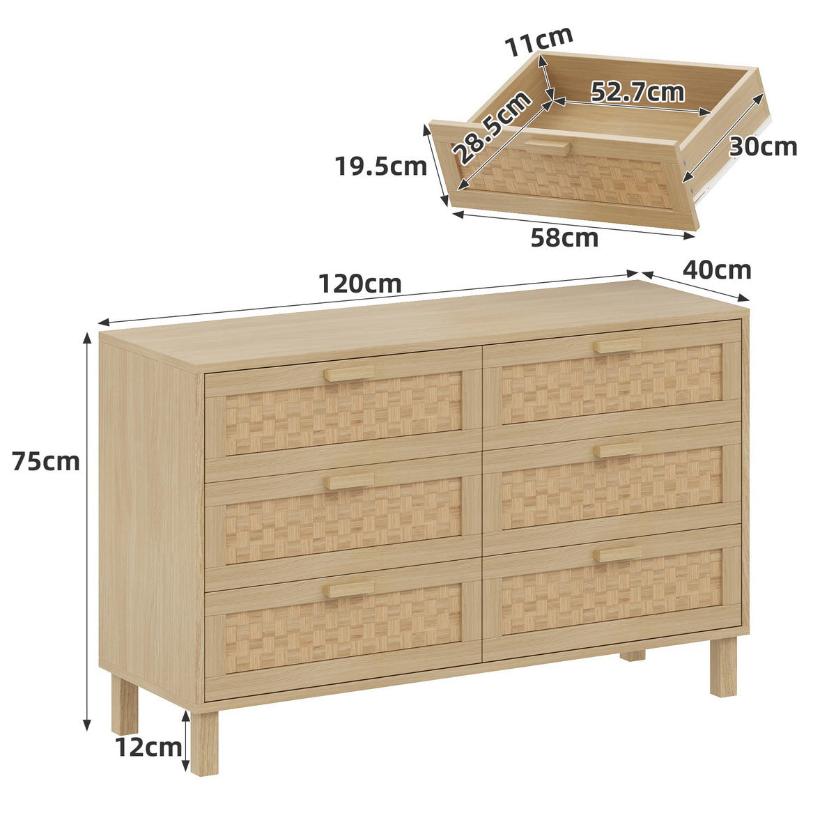 SIDEBOARD mit 6 Schubladen Rattan, 120/40/75cm - Buchefarben, Holzwerkstoff (120/75/40cm) - Urban Meuble