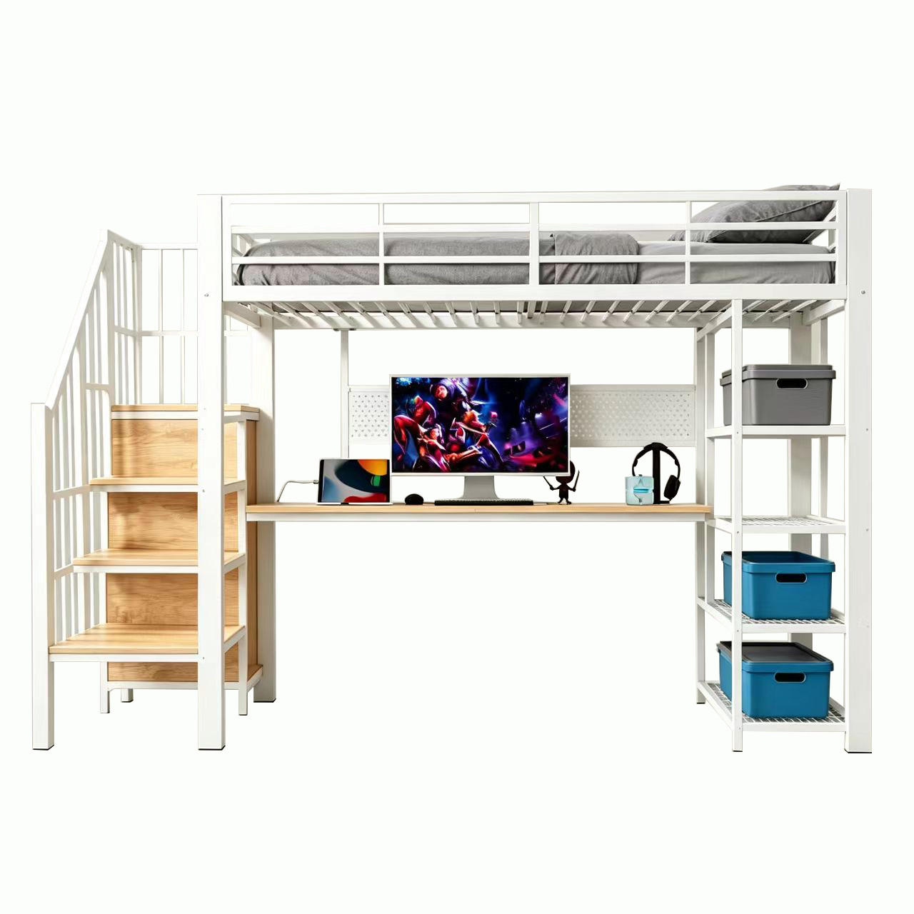 FLIEKS VYVÝŠENÁ POSTEL 90x200cm Stůl LED Zásuvka Bílá